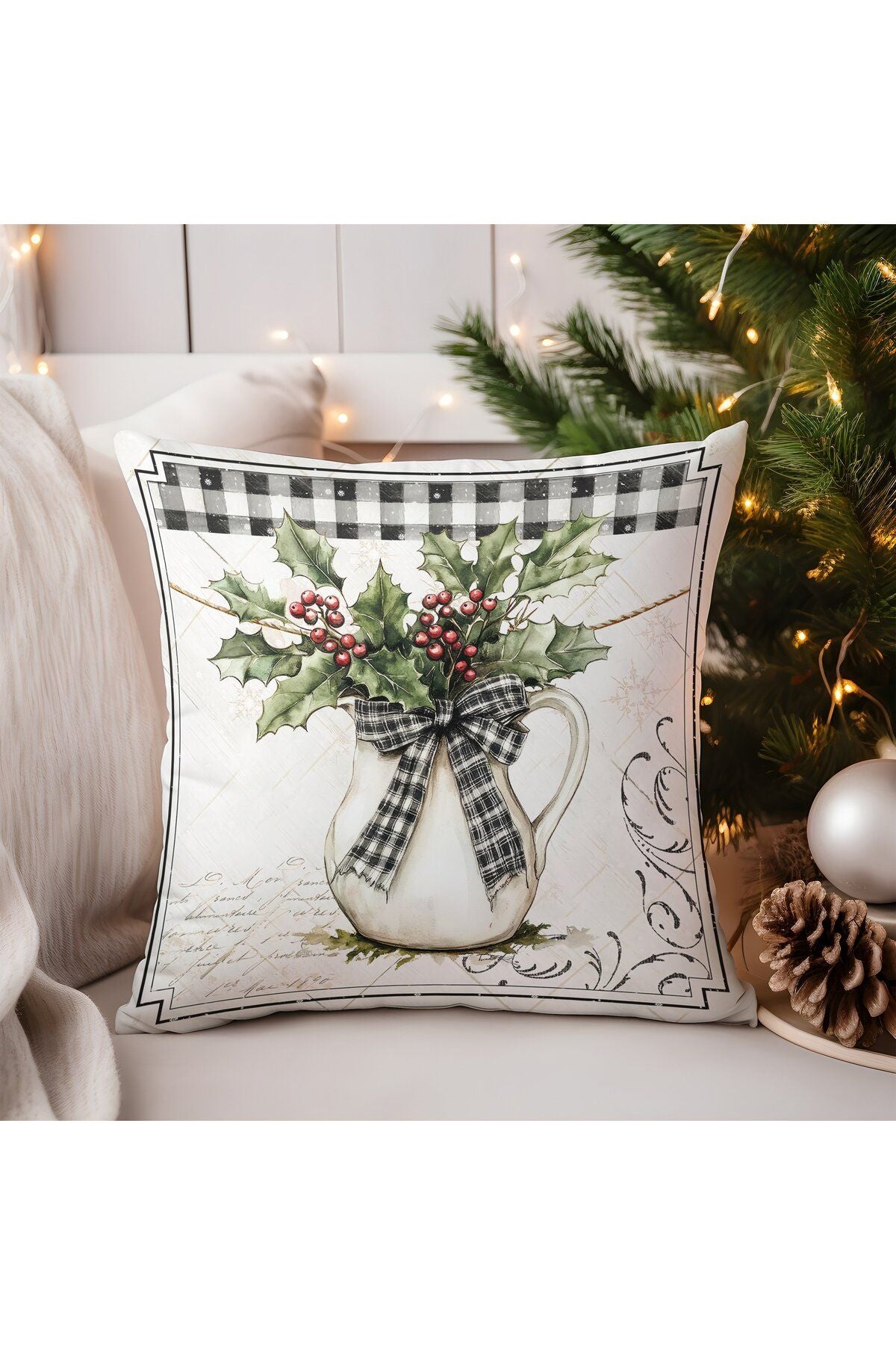Yılbaşı, Christmas, Kış, Winter Serisi Ekoseli Kırlent - Kırlent Kılıfı
