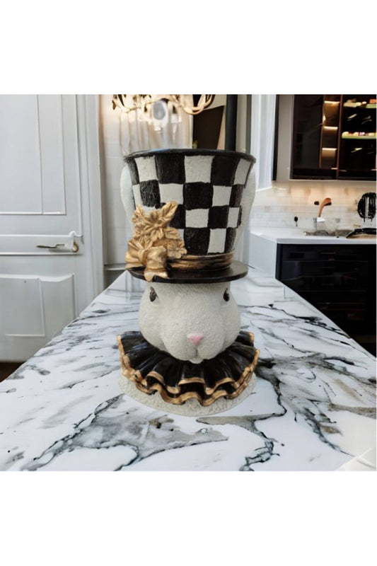 Black and White Checkerboard Easter Bunny Flower Pot