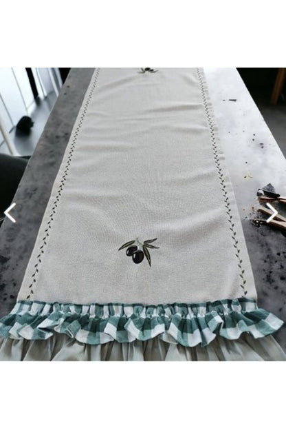 Olive Embroidered, Ruffled, Buldan Linen Set of 4 (Oven Cover, Runner, Glove, Towel)