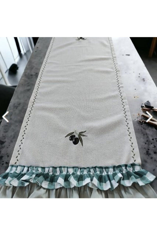 Olive Embroidered, Ruffled, Buldan Linen Set of 4 (Oven Cover, Runner, Glove, Towel)