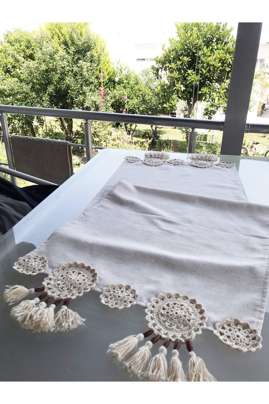 Naturel Keten El Örgüsü, Tığ İşi, Runner - Ranir, Model 2