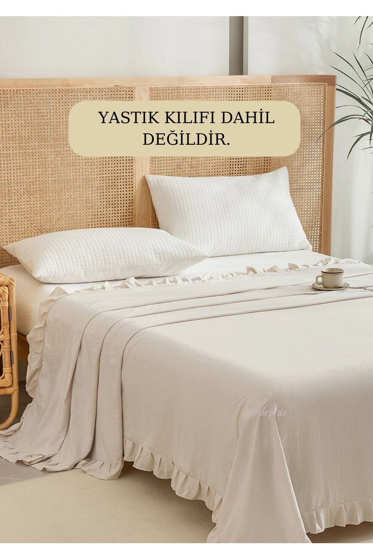 Buldan Linen Bedspread, Cotton Linen, Ruffle Beige 240*260 cm.