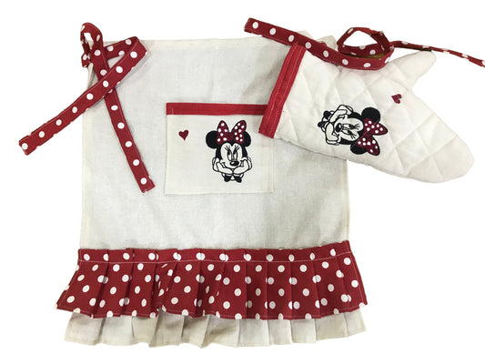 Minnie Mouse Embroidered, Ruffled, Buldan Linen Oven Apron (Cover) and Gloves