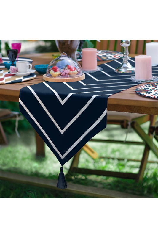 Ikat Navy Blue Tassel Runner and Round Placemat &amp; Service Plate Set