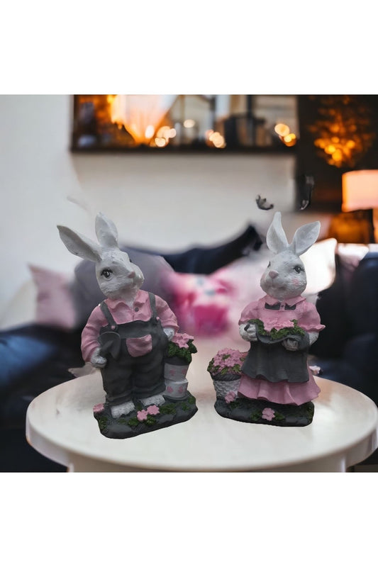 Rabbits in the Garden Pink Gray Figurine Decoration