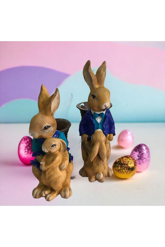 Rabbit Family Flowerpot, Candle Holder, Decorative Object Blue