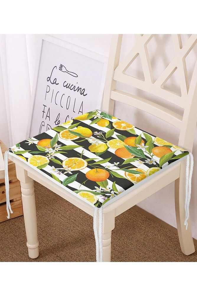 Striped Black Background Lemon Patterned Zippered Chair Cushion
