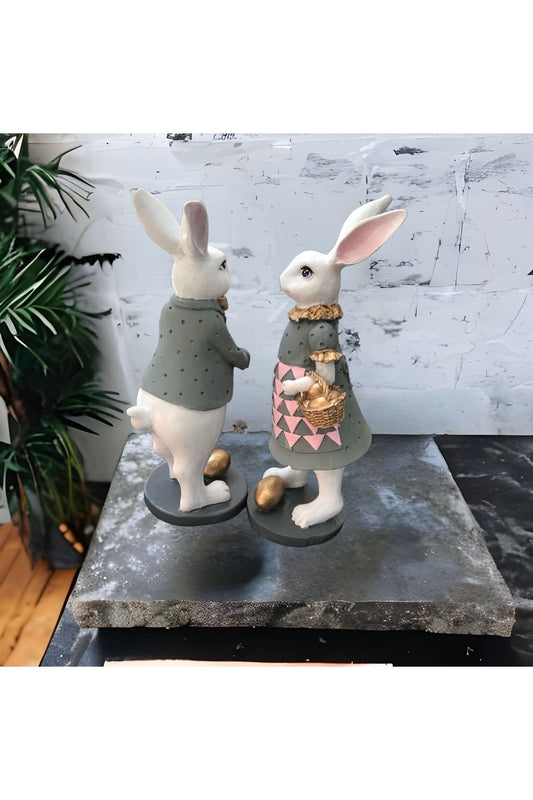 Egg Basket Couple Rabbit Figurine Decoration