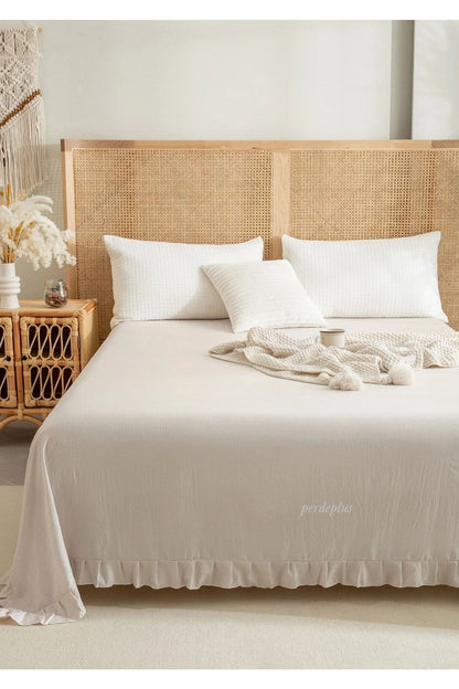 Buldan Linen Bedspread, Cotton Linen, Ruffle Beige 240*260 cm.