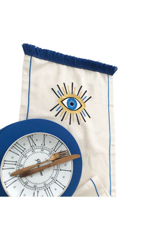 Gözdeseni Embroidered Runner Buldan Linen - Blue 4-Piece Fabric Underlay