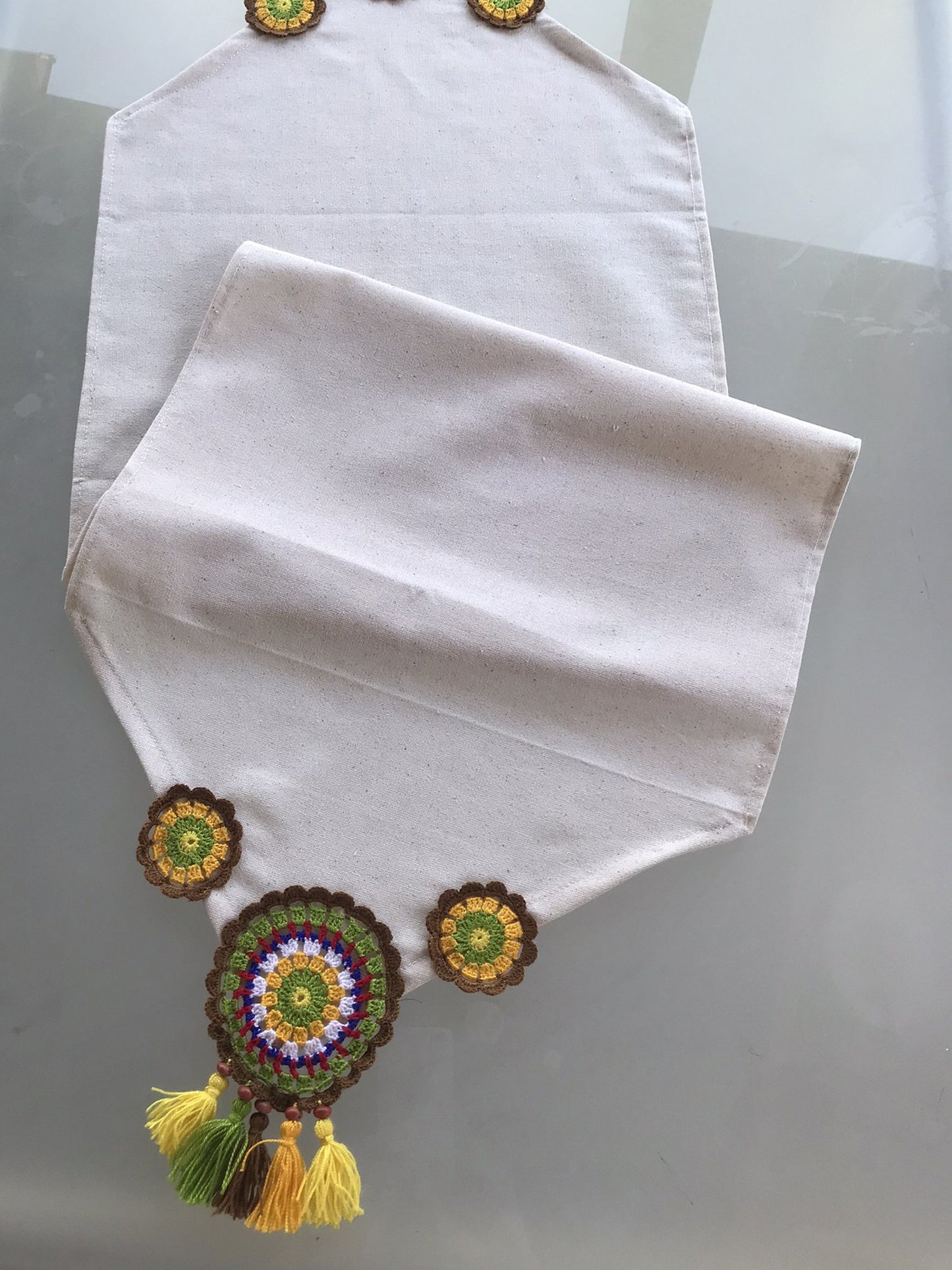 Handmade Runner, Knitted Runner, Crochet Runner - Ranir, Love of Colors Mandala Brown Yellow Green