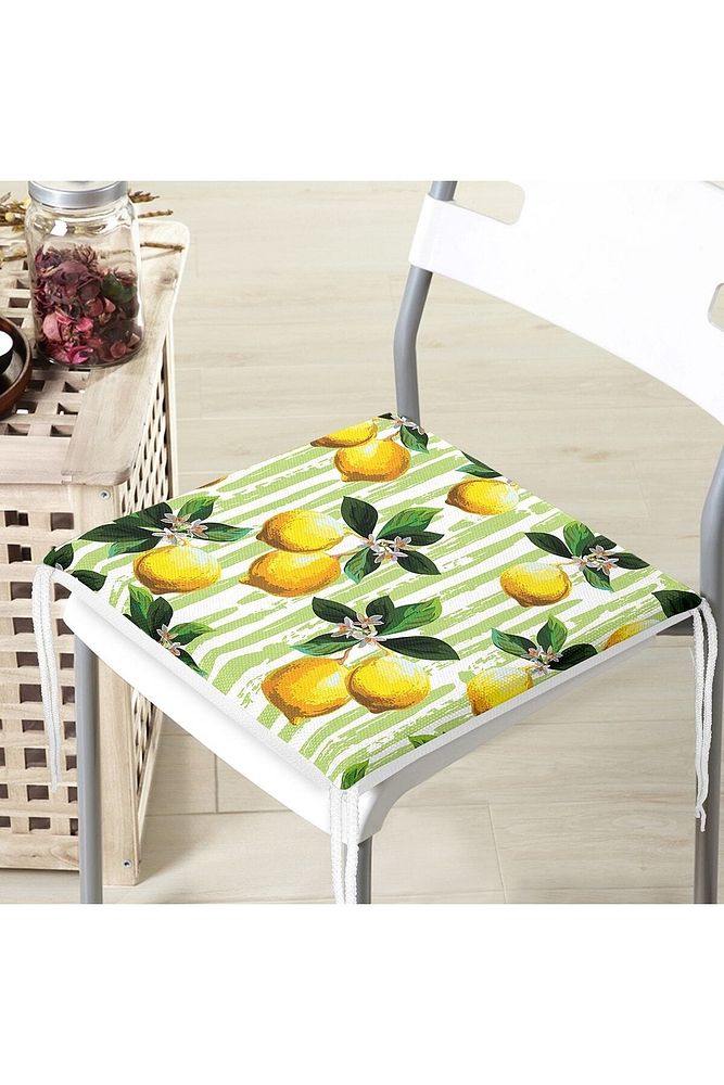Lemon Pattern Zippered Chair Cushion with Green Stripes