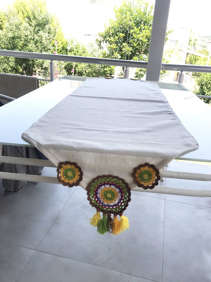 Handmade Runner, Knitted Runner, Crochet Runner - Ranir, Love of Colors Mandala Brown Yellow Green