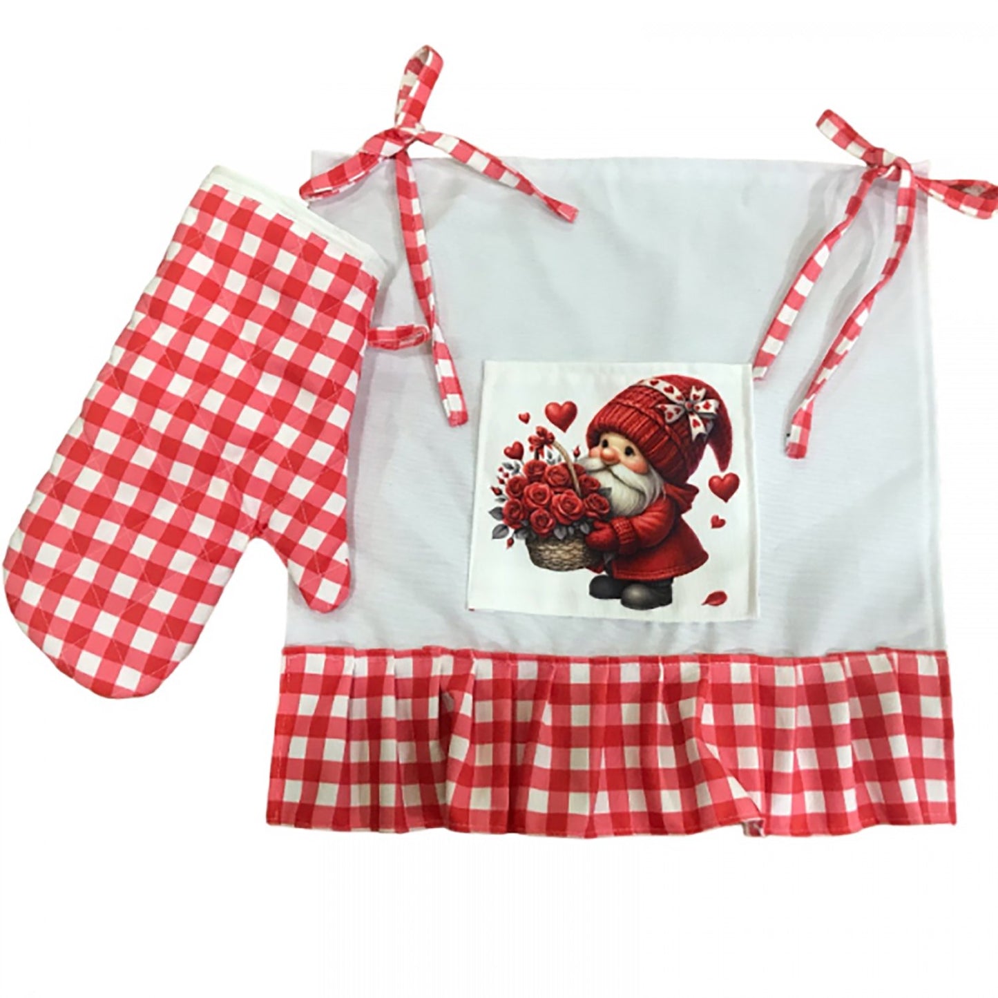 Love Gnome Frilled, Buldan Linen Oven Apron (Cover) and Gloves