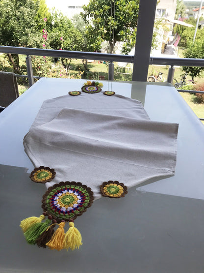 Handmade Runner, Knitted Runner, Crochet Runner - Ranir, Love of Colors Mandala Brown Yellow Green