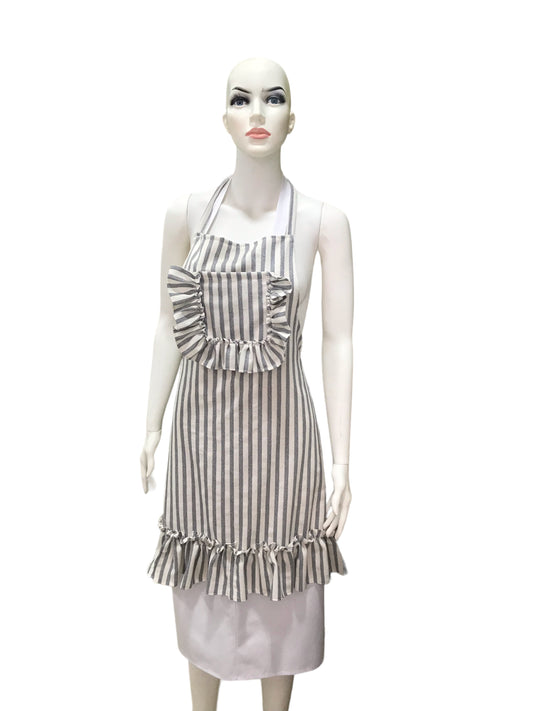 Striped Natural Linen, Ruffled, Buldan Linen, Kitchen Apron