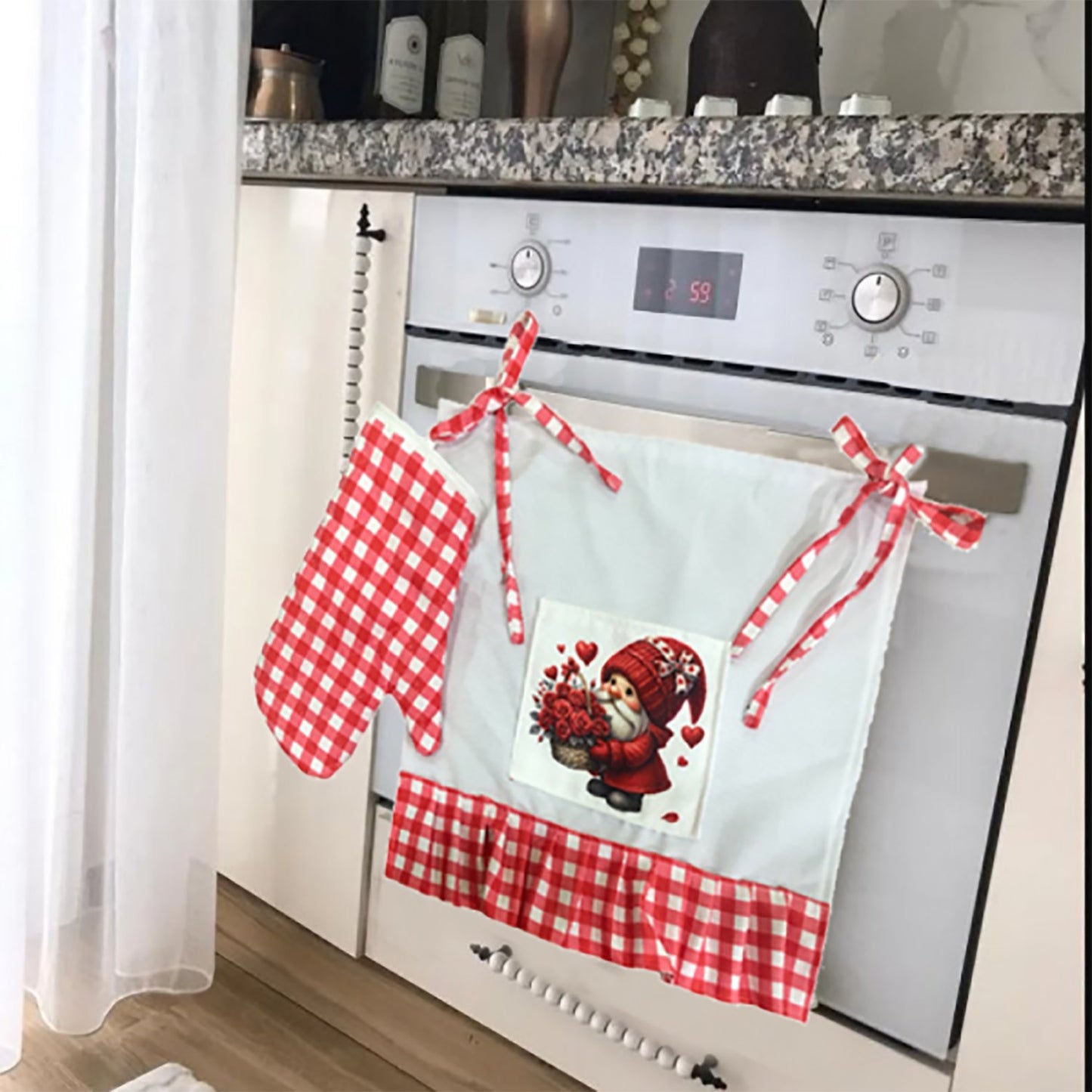Love Gnome Frilled, Buldan Linen Oven Apron (Cover) and Gloves
