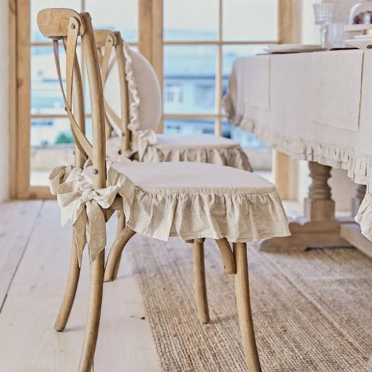 Scandinavian Style Natural Buldan Linen Ruffled Laced Chair Cushion