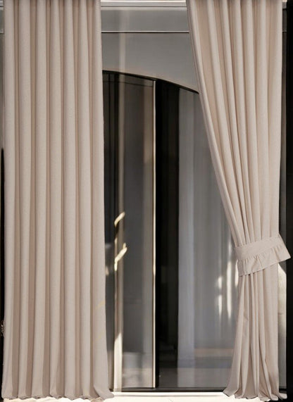 Buldan Linen Natural Bohemian Style Beige Color Backdrop Curtain Single Wing Pleated, Tie Included