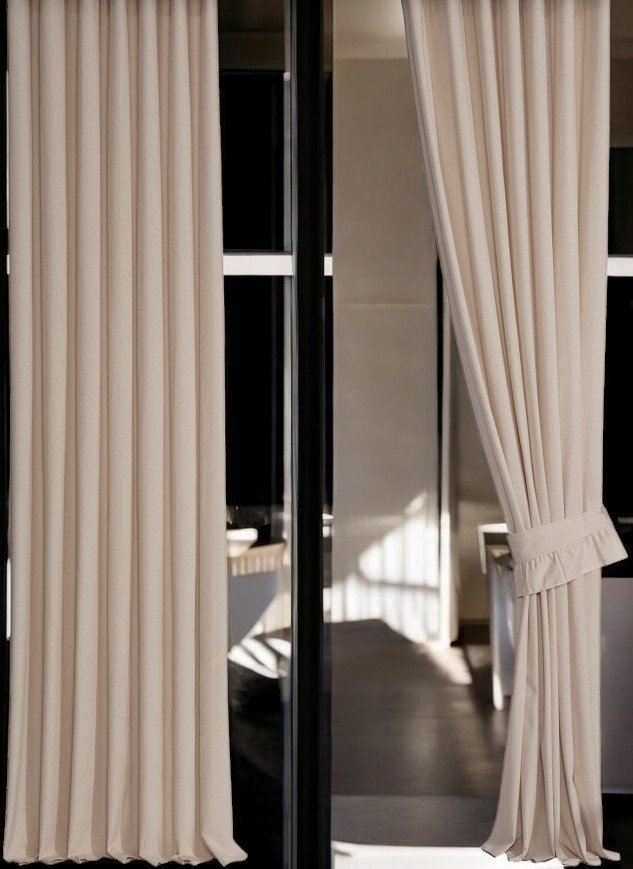 Buldan Linen Natural Bohemian Style Beige Color Backdrop Curtain Single Wing Pleated, Tie Included