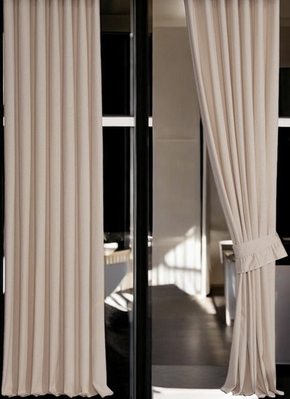 Buldan Linen Natural Bohemian Style Beige Color Backdrop Curtain Single Wing Pleated, Tie Included