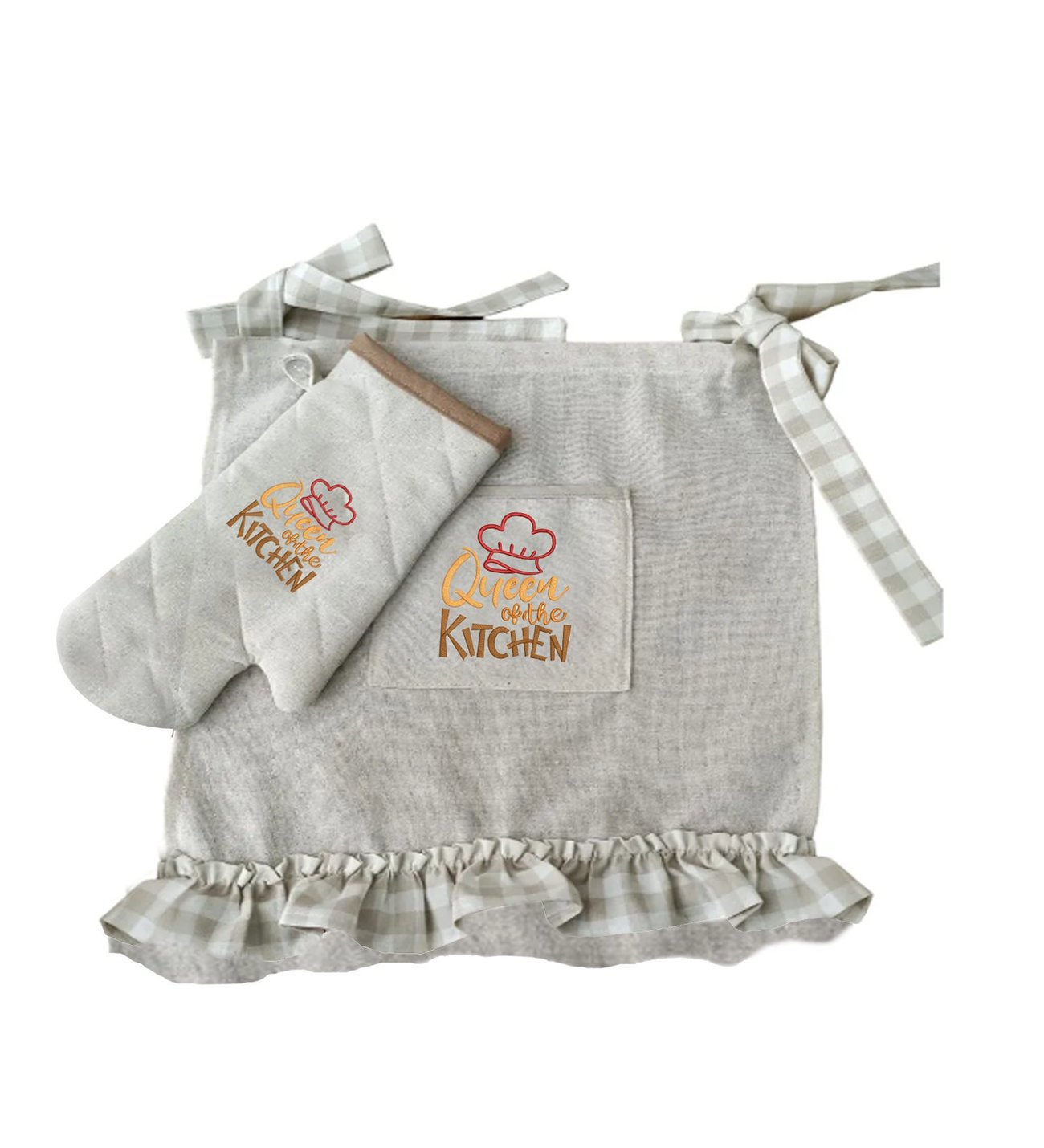 Queen Embroidered, Ruffled, Buldan Linen Set of 4 (Oven Cover, Runner, Glove, Towel)