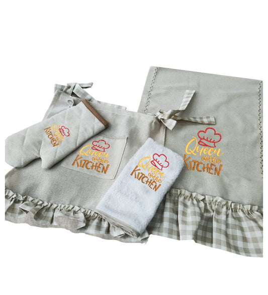 Queen Embroidered, Ruffled, Buldan Linen Set of 4 (Oven Cover, Runner, Glove, Towel)