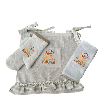 Queen Embroidered, Ruffled, Buldan Linen Set of 4 (Oven Cover, Runner, Glove, Towel)